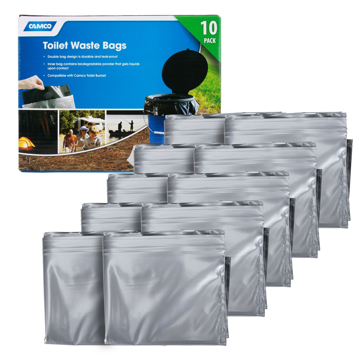 Camco Leak Proof Double Lined Camping Toilet Waste Bags, Travel Bucket Potty Bags for Camping, Hunting, & Outdoor Activities 10 Pack