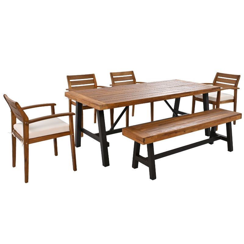 Janey 6-piece Acacia Wood Patio Dining Set, Outdoor Furniture with Removable Cushions, Ergonomic Chairs and Bench - Maison Boucle, 1 of 8
