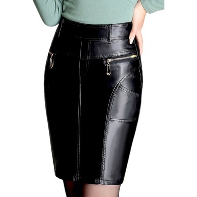 Anna-Kaci Women's Faux Leather Black Pencil Skirt- Small ,Black Gold Zipper