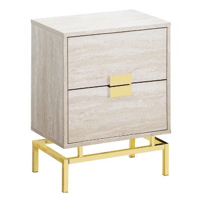 Beige Marble Look 2-Drawer Gold Metal Accent Table