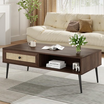 Lirago,Mid-Century Modern Wooden 2-Tier Coffee Table with Rattan Drawer - Compact Storage Solution for Living Room-Walnut