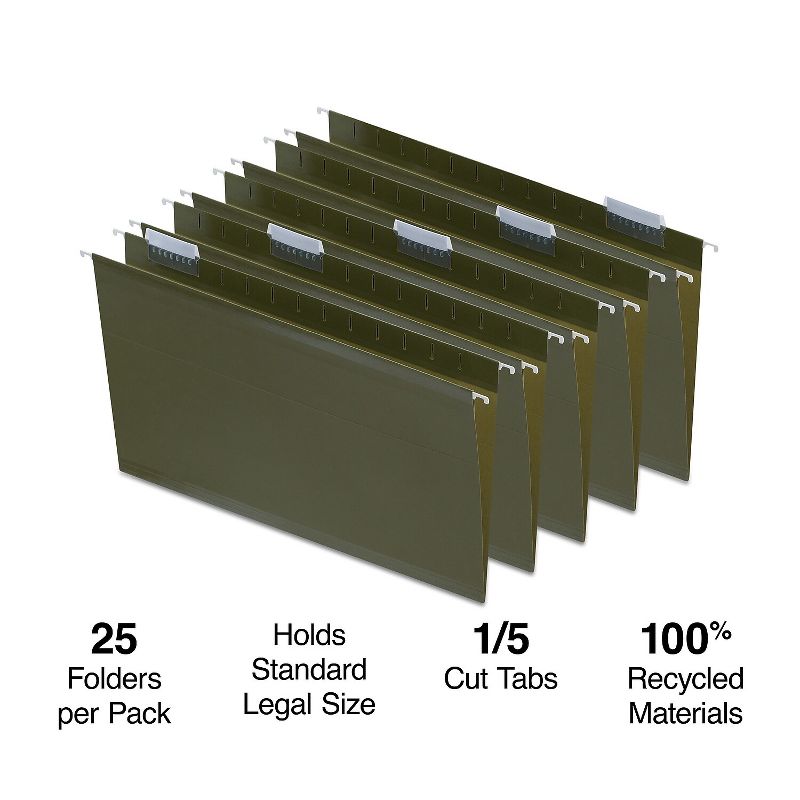 MyOfficeInnovations Recycled Reinforced Hanging File Folders 5-Tab Lgl Std Gn 25/BX 726595, 2 of 7