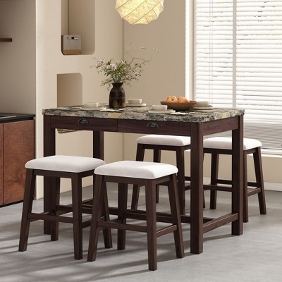 NicBex Dining Table Set for 4 Modern Faux Marble Versatile Bar Table Set with Storage Drawers and Padded Stools for Dining Room