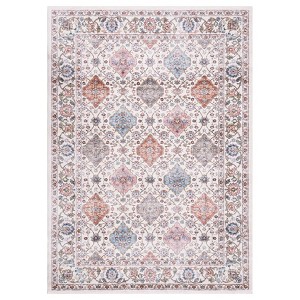 Fulvari Washable Taupe Vintage Traditional Mat Distressed Indoor Foldable Thin Rug Retro Accent Floral Non Slip Carpet - 1 of 4