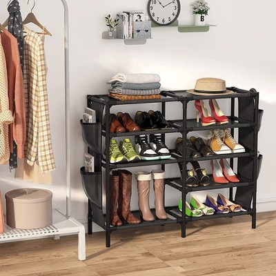 KTMBDW Shoe Rack with Pockets, 5-Tier Shoe Boots Organizer Freestanding Shoe Shelf for Entryway Bedroom, Black