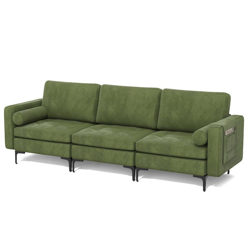 Costway Modern Modular 3-Seat Sofa Couch w/ Side Storage Pocket & Metal Legs Army Green, 1 of 11