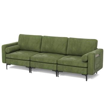 Costway Modern Modular 3-Seat Sofa Couch w/ Side Storage Pocket & Metal Legs Army Green