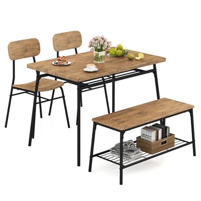 Resenkos Kitchen Table and Chairs Sets,Dining Table Set,4 Piece Dining Table Set for 4 Metal Frame with Bench and 2 Chairs-Brown