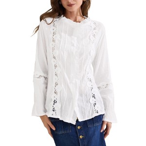 INSPIRE CHIC Women's Ruffle Neck Long Sleeve Swiss Dots Button Down Blouse - 1 of 4