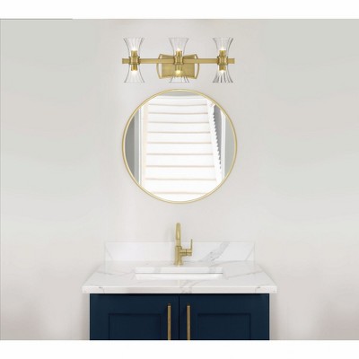 Warm Brass 6-Light Vanity with Clear Ribbed Glass Shades