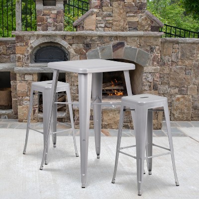 Silver Metal Indoor-Outdoor Bar Table Set with 2 Stools