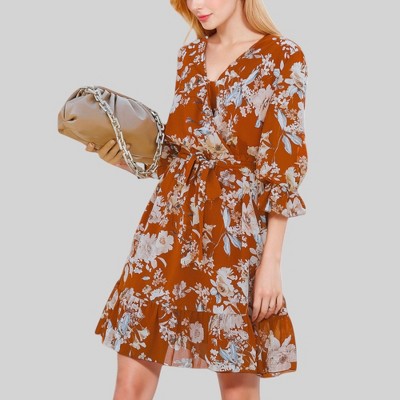 Anna-Kaci Women's Floral Print Wrap Dress with Ruffle Hem and Waist Tie