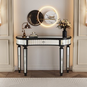 Lyngins 47" Crescent Console Table, Half-Moon Fluted Mirrored Entryway Table, Silver Bedroom Vanity Desk, Crystal Knob Drawer, Sofa Side Table - 1 of 4
