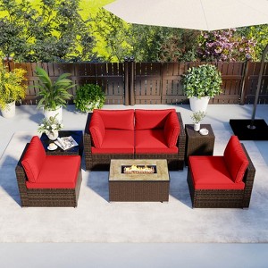 Costway 7 Pieces Outdoor Furniture Set with 32" Fire Pit Table and Propane Tank Cover Black/Navy/Red/White/Turquoise - 1 of 4