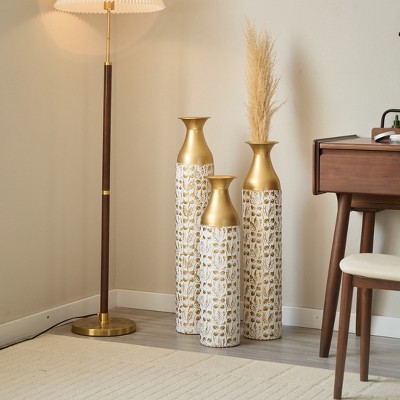 Set of 3 Gilded White Metal Decorative Vase with 3D Relief Flower for Home Office