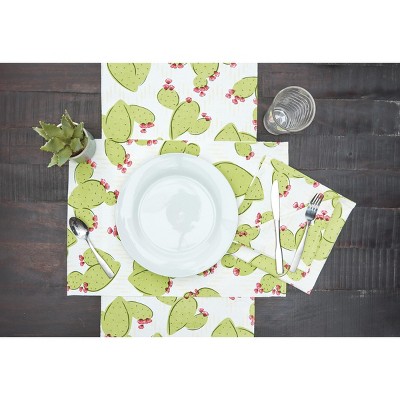 Whimsical Cacti Design Cotton Table Runner, 13" x 72", White and Green