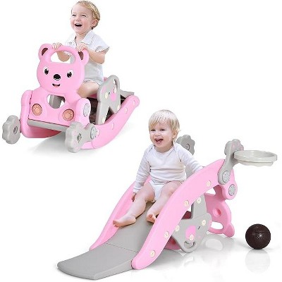 Costzon 5-in-1 Toddler Slide Rocking Toy, Slide with Detachable Stool, Basketball Hoop & Ring Game, Foldable Indoor/Outdoor Climber (Pink Bear)