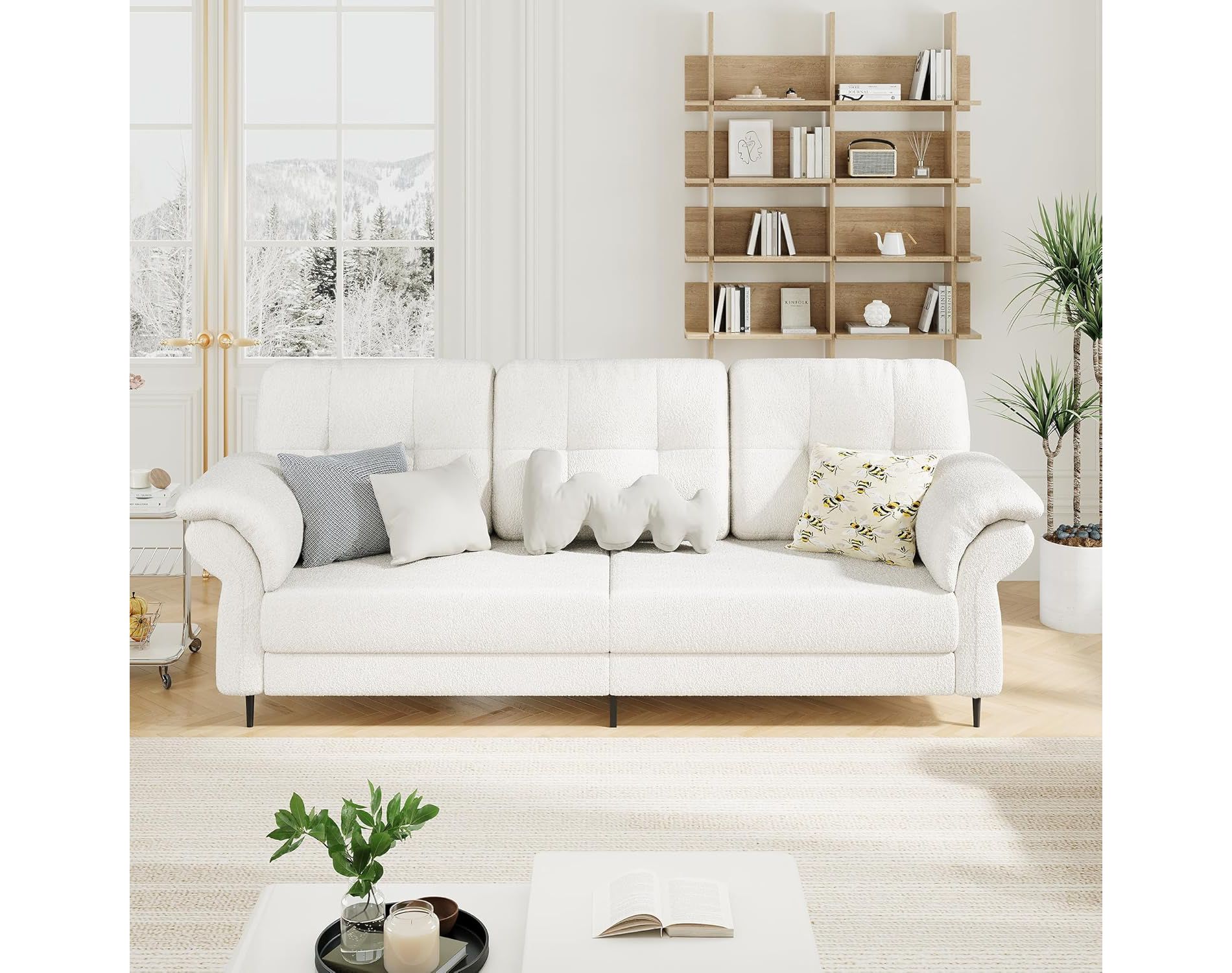 Couches for Living Room, 84'' Sofas with Removable Pillows and Curved Armrests, Minimalist Comfy Teddy Fleece Small Couch with Convenient Side Pockets