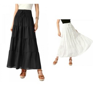 Allegra K Women's Boho Summer Smocked Elastic Waist Tiered A-Line Beach Maxi Skirt 2 Packs - 1 of 4