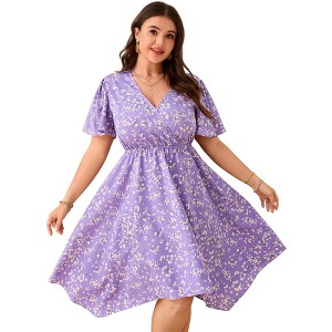 Women's V - Neck Floral Dress with Asymmetric Hem, Short - Sleeve Flowy Midi Dress for Casual & Summer Outings - 1 of 4