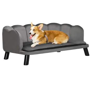 PawHut Pearl Design Pet Sofa for Medium and Large Sized Dogs, Pet Bed with Cushion and Solid Wood Legs, Charcoal Gray