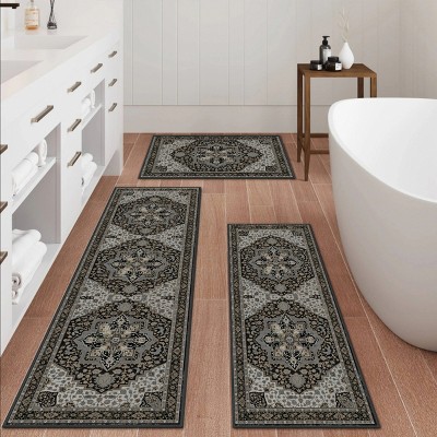 FURNIinspire Floor Mats Home 3 Piece Kitchen Rug Machine Washable Floor Mat for Living Room, Vintage Carpet, Non Slip, Black, 60"*20"
