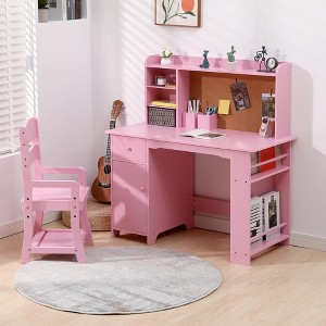 Kids Desk, Study Desk and Chair Set for Boys and Girl, Wooden Kids Writing Table with Bookshelf, Bulletin Board, Cabinet and Drawer - 1 of 4