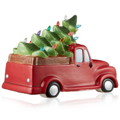 Hand-Painted Red Ceramic Christmas Truck with Green Tree and LED Lights