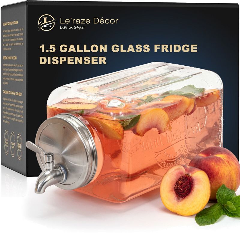 Le'raze Glass Drink Dispenser for Fridge - 100% Leakproof Stainless Steel Spigot 1.5-Gallon Jug, 1 of 12