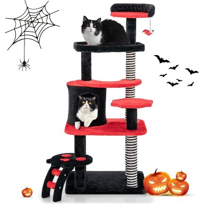 Tangkula Gothic Cat Tree 52" Black Cat Tower with Cat Bed Cat Condo Sisal Scratching Posts Pompom Bat-Shaped Ball Halloween