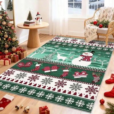 Christmas Washable Area Rug, Non Slip Santa & Reindeer Xmas Carpet Low Pile Non Shedding Floor Covers, Carpet for Bedroom Playroom