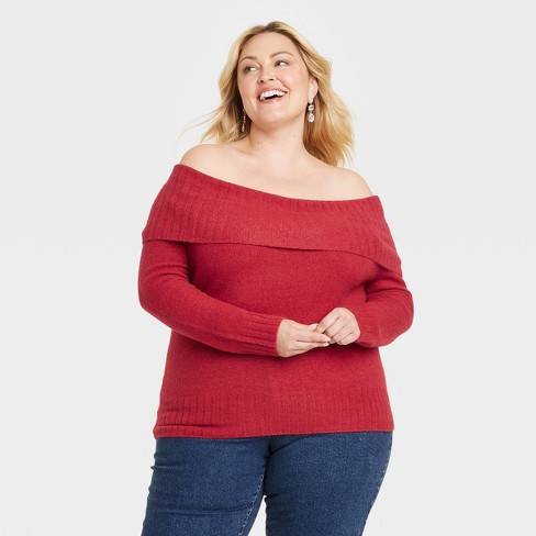 Ava & Viv Women's Plus Size Long Sleeve Mock Turtle Neck Pullover Sweater  (Red)