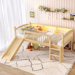 KTMBDW Low Loft Bed Twin/Twin XL Size with Storage Shelves and LED Lights, Wood Kids Loft Bed with 14" H Safety Guardrail,Inclined Ladder - 1 of 4