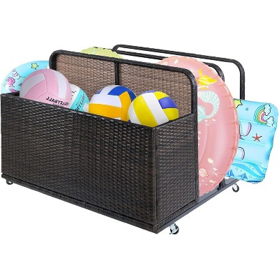 Pool Storage Bin - Outdoor Caddy w/Wheels for Toys, Floaties, Noodles, Towels & Life Vests, PE Rattan Design, Poolside Organizer