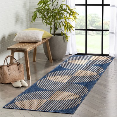 Blue and Beige Flat Woven Synthetic Runner Rug, 2'7" x 9'10"