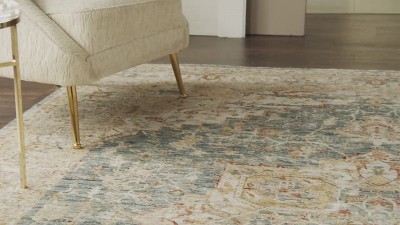 Ivory-Blue Hand-Knotted Wool Blend 5'3" x 7'8" Vintage Area Rug