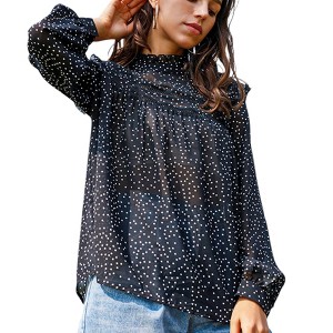 Anna-Kaci Women's Long Sleeve Polka Dot Blouse with High Smocked Neckline and Flowing Relaxed Fit - 1 of 3