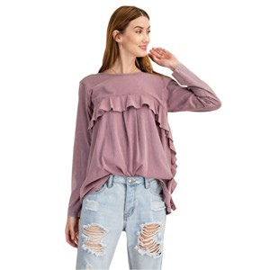 Slickblue Long Sleeve Ruffled Sleeve Oil Washed Knit Tunic, Soft Cotton, Casual Style, Mauve/Faded Olive, Size S-L - 1 of 4