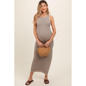 PinkBlush Beige Striped Knit Fitted Sleeveless Maternity Maxi Dress - 1 of 4
