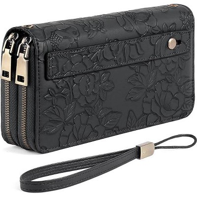 BEAFUP Carved Double Zip Wallet for Women,with 4 Full-length Cash Compartments RFID Blocking PU Leather Wristlet Purse Large Capacity Credit