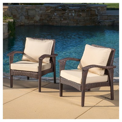 Hilary Brown Wicker Outdoor Club Chairs with Tan Cushions, Set of 2
