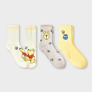 Women's Disney Winnie The Pooh 3pk Mid Crew Socks - Ivory/Oatmeal Heather/Yellow 4-10: Knit Polyester Spandex, Rib Cuffs - 1 of 3