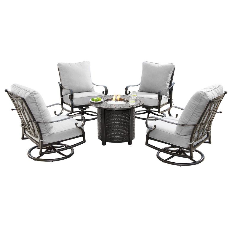 5pc Outdoor Dining Set with 34&#34; Aluminum Round Basket Weave Design Fire Table, Deep Seating Swivel Rocking Chairs &#38; Covers - Oakland Living, 3 of 18