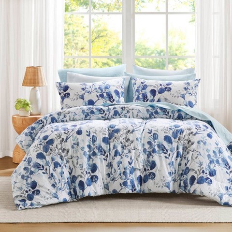 Regency Heights 9Pcs BIAB Floral Print Cottage Style Lightweight Comforter Set, Seersucker Textile Ultra Soft Breathable Bedding Set, Blue, Queen