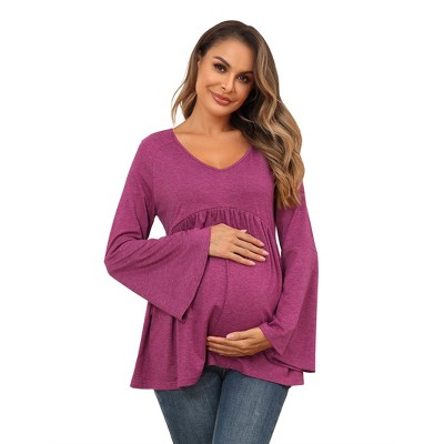 Long Sleeve Maternity Tee Shirts Tunic Pregnancy Tops Women Pleated Babydoll V Neck Hollow Out Tie Back