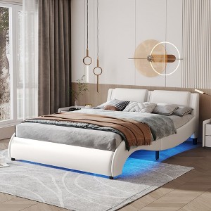 Queen Bed With LED Lights, Faux Leather Upholstered Bed Frame, Wood Slat Support No Box Spring Needed, Modern Wave-Like Bed Frame Bedroom - 1 of 4