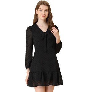 Allegra K Women’s Ruffle Hem Bow Tie V Neck Long Sleeve Swiss Dots Mini Dress - 1 of 4