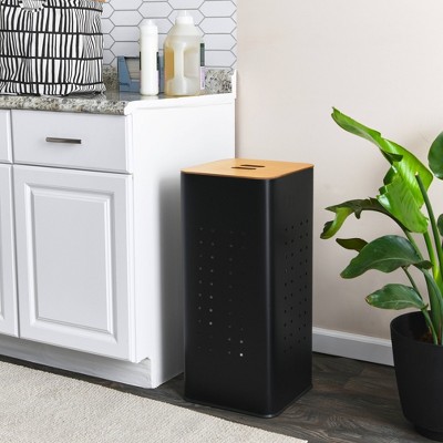 Black Steel Laundry Hamper with Wood Lid and Handles