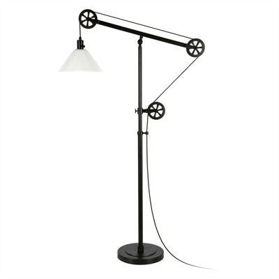 Photo 1 of 70 in. Pulley Metal Black and Bronze and with Milk Shade Floor Lamp - Henn&Hart (( Glass blub cover broken )) 