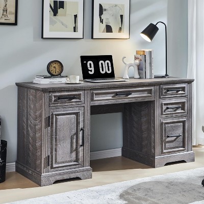 SinCiDo 58" Farmhouse Executive Desk, Embossed Texture Computer Desk with Drawers & Cabinet, Writing Table for Home Office